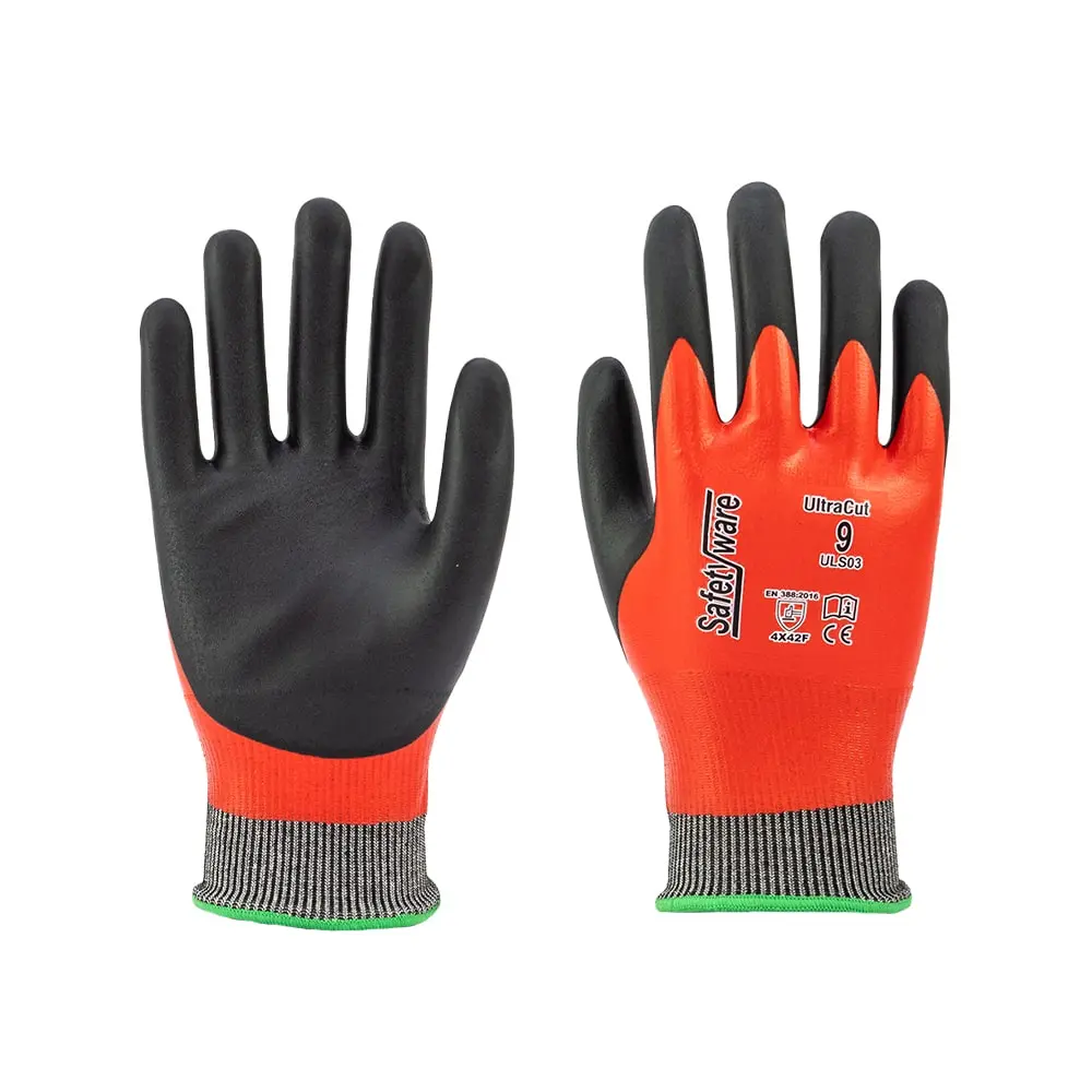 SAFETYWARE UltraGrip™ ULS03 ถุงมือป้องกันการบาดเฉือนระดับ F เคลือบไนไตรล์สองชั้น พร้อมพื้นผิว S-Grip